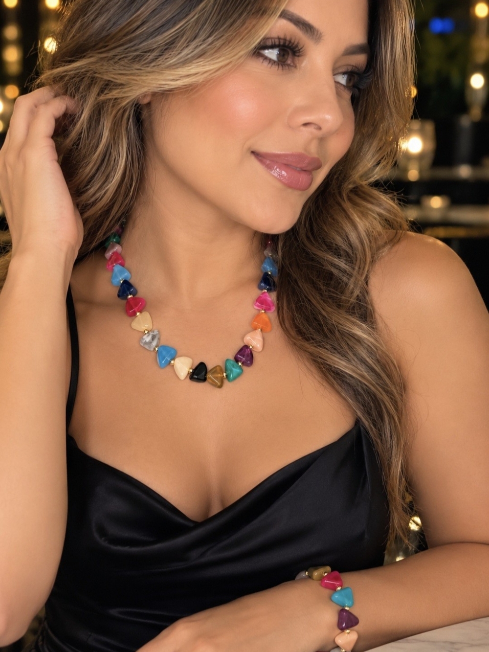 Multicolor Heart Stone Necklace and Bracelet Set - Women Jewelry